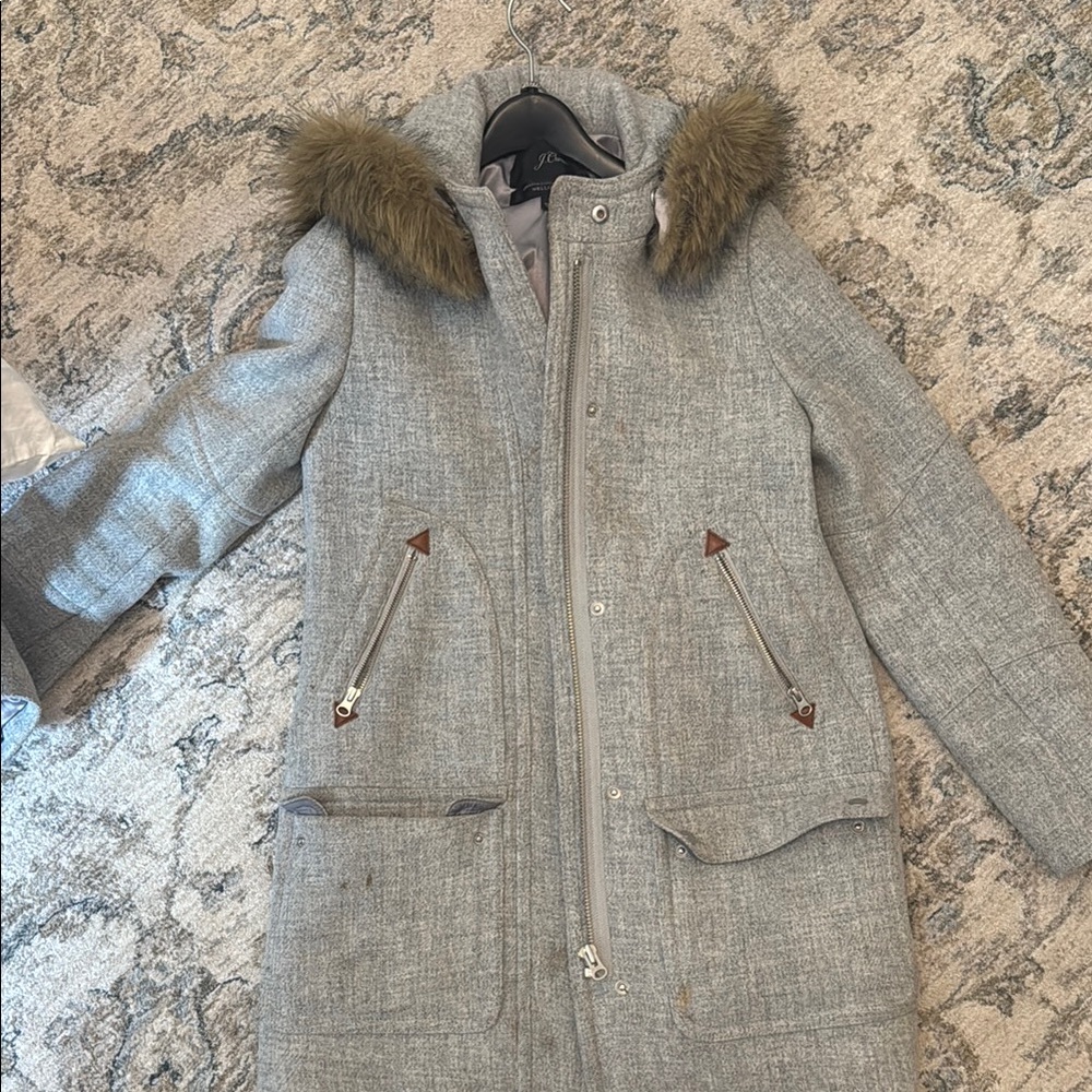 J. Crew Gray Coat with Faux Fur Trim